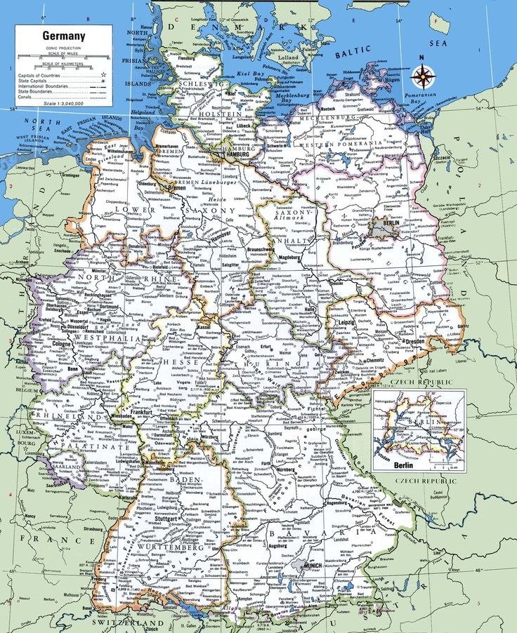 a large map of germany with all the major cities and towns on it's borders