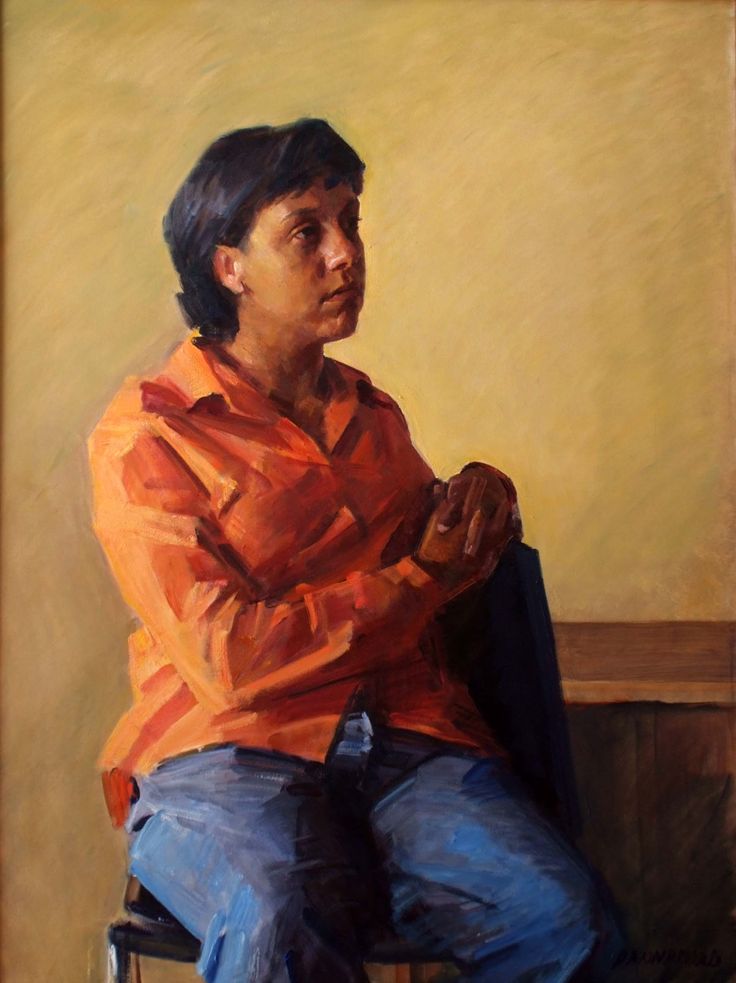 a painting of a woman sitting in a chair with her hand on her lap and looking off to the side