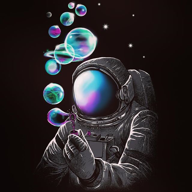 an astronaut blowing soap bubbles in space