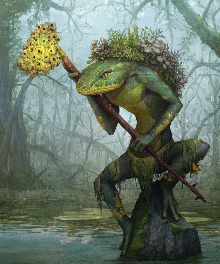 a painting of a frog holding a stick and wearing a crown with moss on it's head