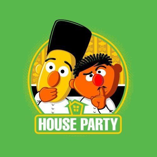 two cartoon characters are standing next to each other with the words house party on it