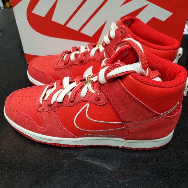 Sz 11 Nike Dunks Red Red Leather Sneakers For Streetwear, University Red Sneakers With Red Sole For Streetwear, Red High-top Sneakers With Rubber Sole For Streetwear, University Red Leather Sneakers With Laces, University Red High-top Lace-up Sneakers With Branded Insole, University Red Lace-up High-top Sneakers With Branded Insole, Custom High-top Sneakers In University Red With Rubber Sole, Red Boost Midsole Sneakers For Streetwear, Red Sneakers With Boost Midsole For Streetwear