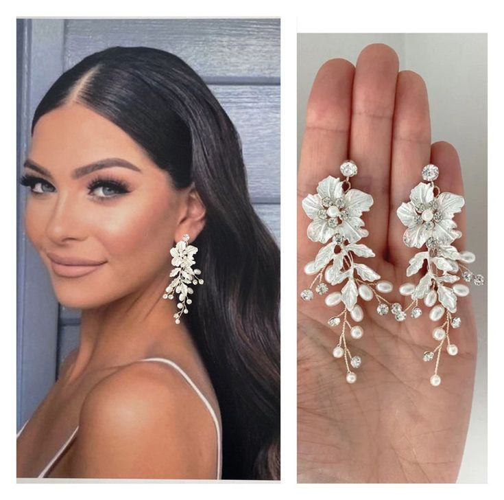 a woman with long hair and earrings on her hand next to an image of the same person's hand