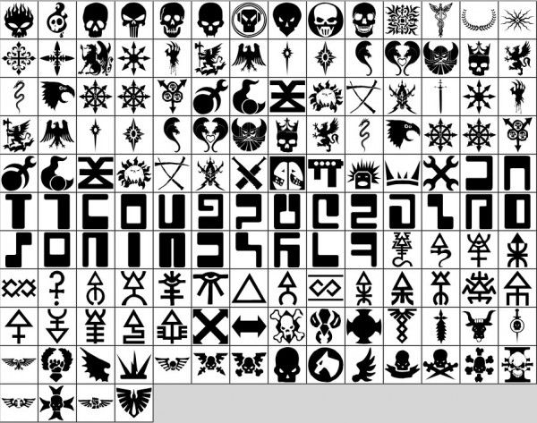 an image of different types of symbols in black and white on a gridded background