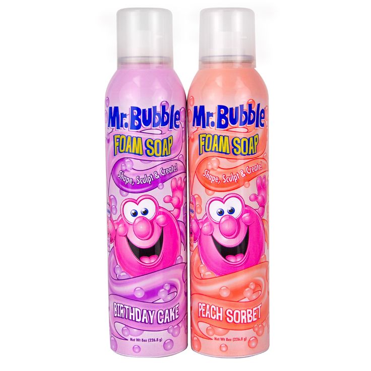 two bottles of bubble bath soap with pink and purple characters on the front, one has an