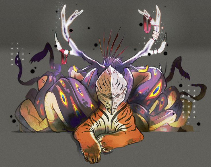 a drawing of a tiger laying on the ground with its eyes closed and hands in the air