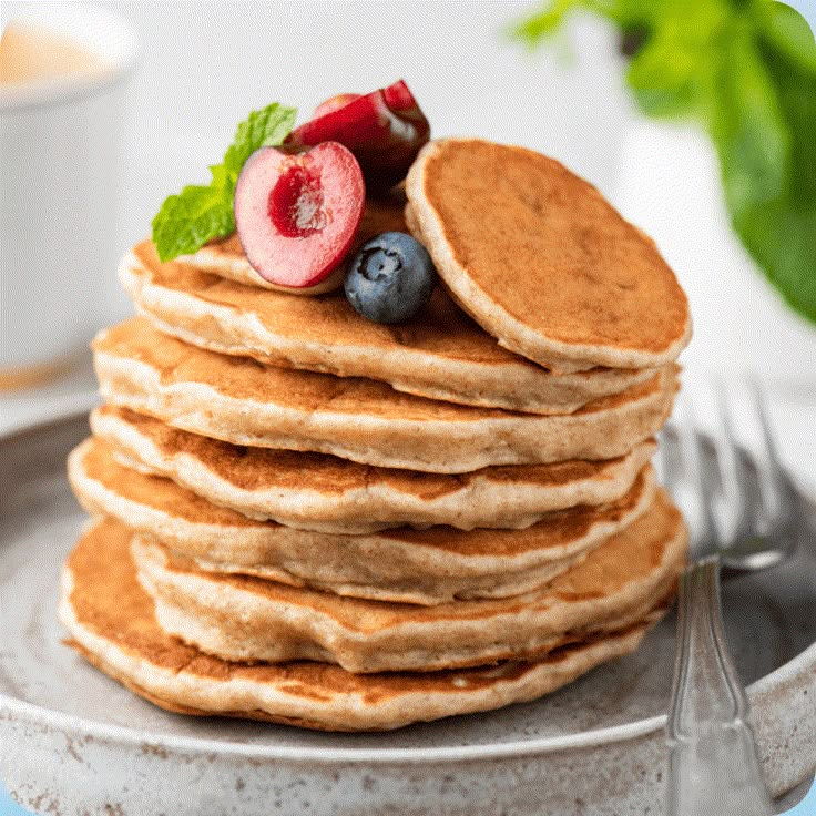 a stack of pancakes with fresh fruit on top