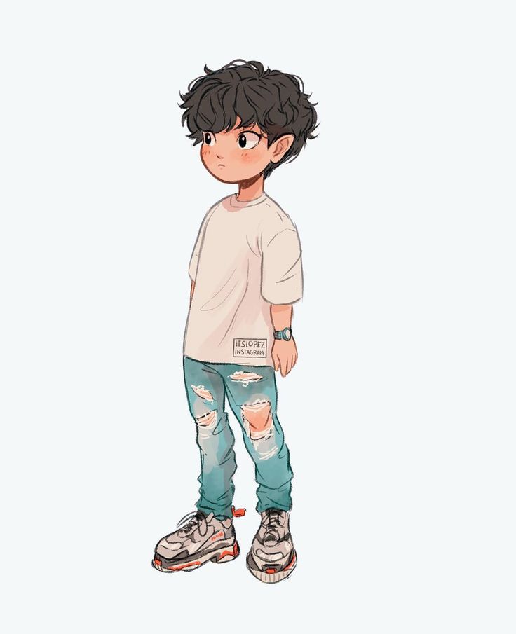 a drawing of a boy with black hair wearing ripped jeans and white t - shirt