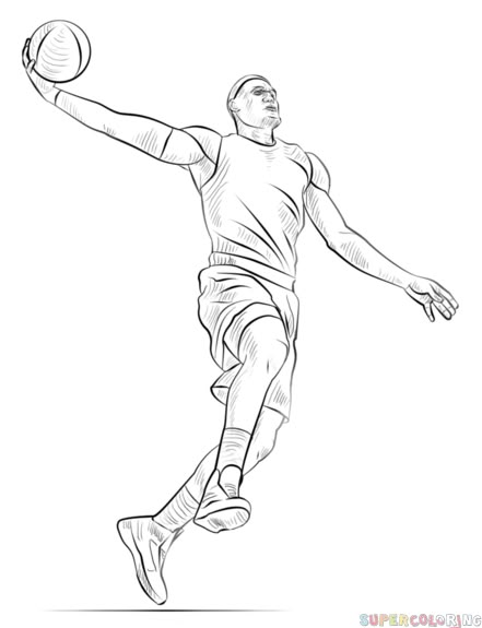 a drawing of a basketball player dribbling the ball with his right hand and one foot