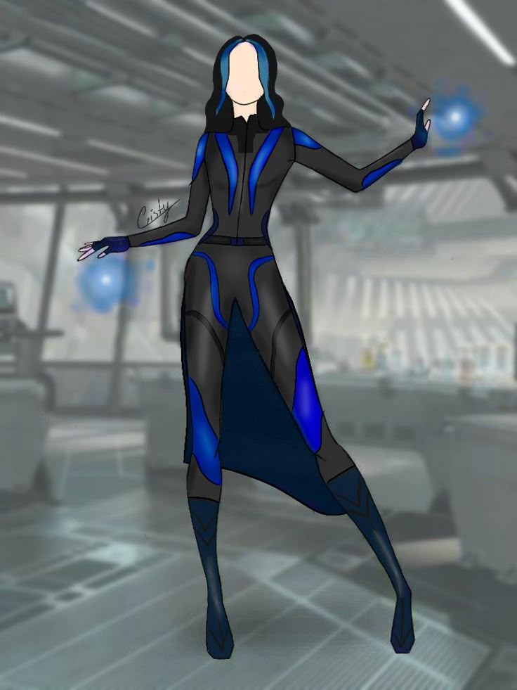 a woman dressed in black and blue is dancing