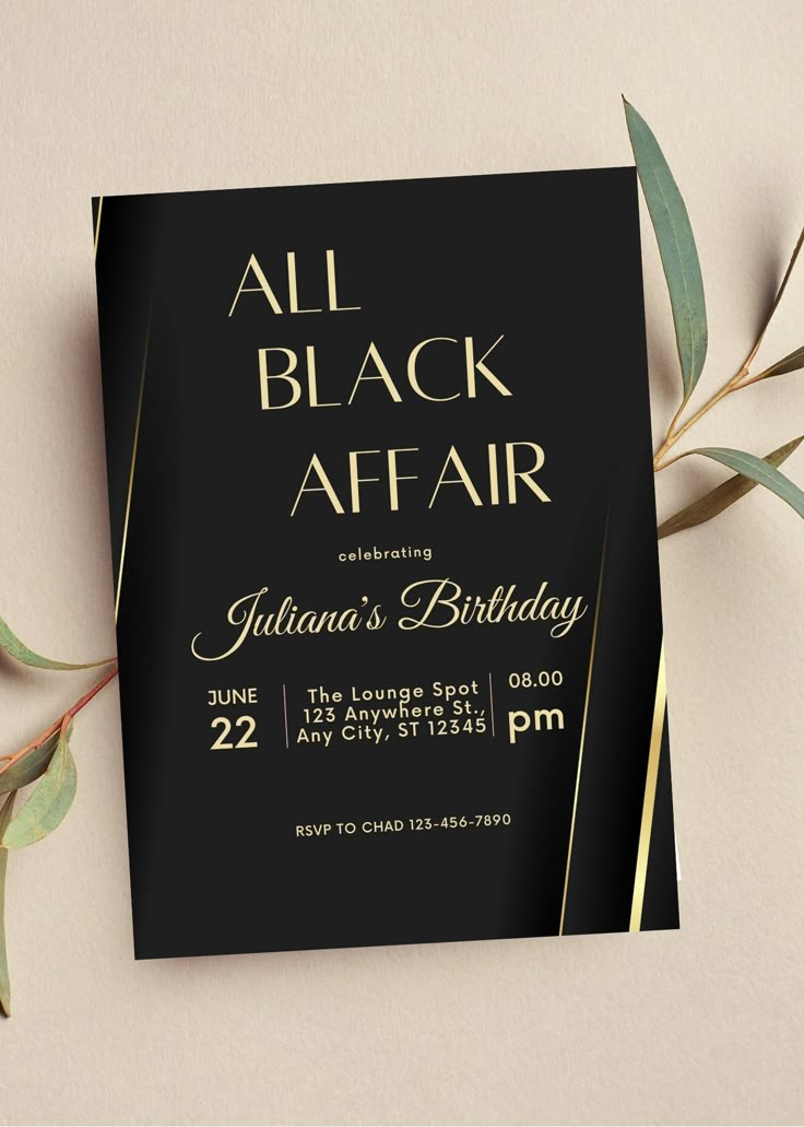 All Black Party Invitation, All Black Affair Invitation, Black and Gold ...