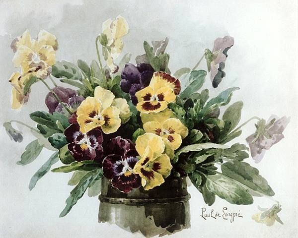 a painting of yellow and purple pansies in a metal container with leaves on the side