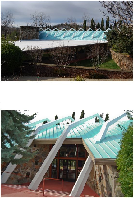 two different views of a building with blue roofing