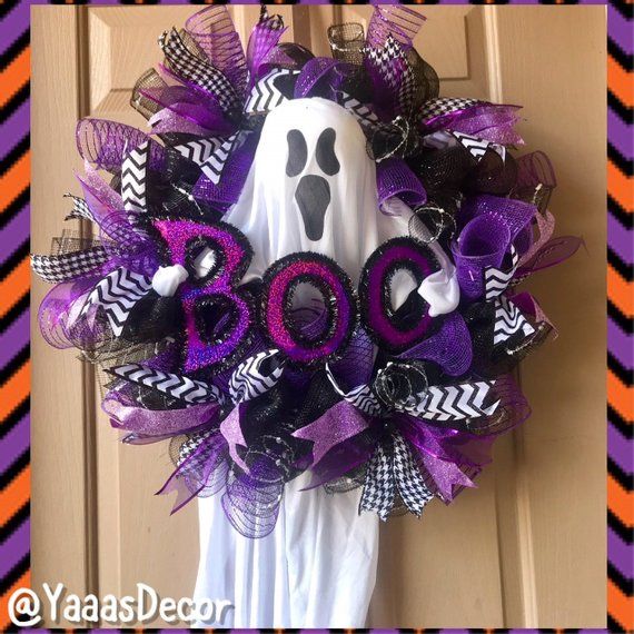 Purple Black Halloween Wreath | Ghost Boo | Ghost Decoration ...