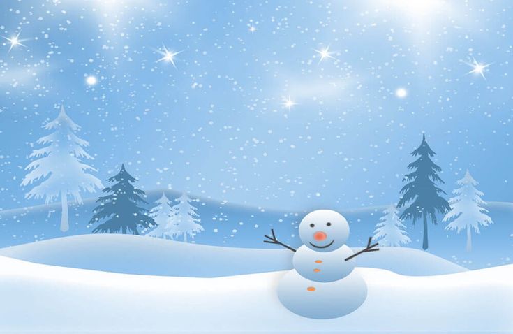 a snowman is standing in the middle of a snowy landscape with trees and stars