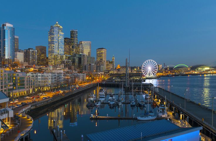 the city skyline is lit up at night, and there are many boats in the water