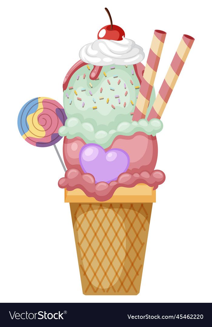 an ice cream sundae with candy and lollipops in a waffle cone