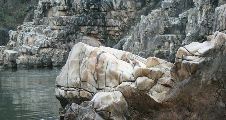 some rocks in the water and one is swimming