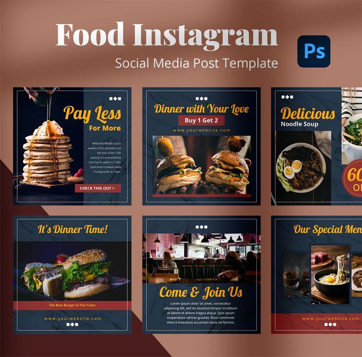 food instagram post templates for social media and business use, set of 6