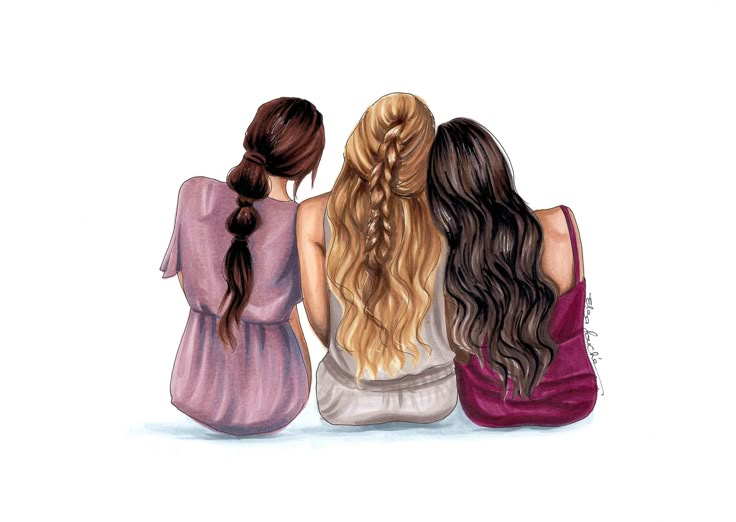 three women sitting next to each other with their hair in braids on the back