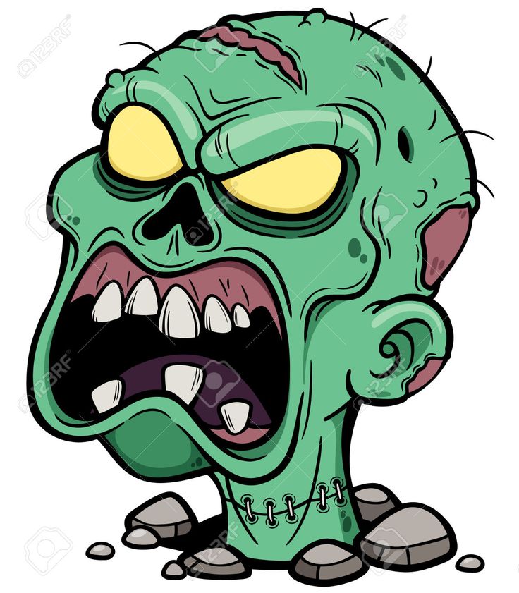 an angry green zombie head with yellow eyes