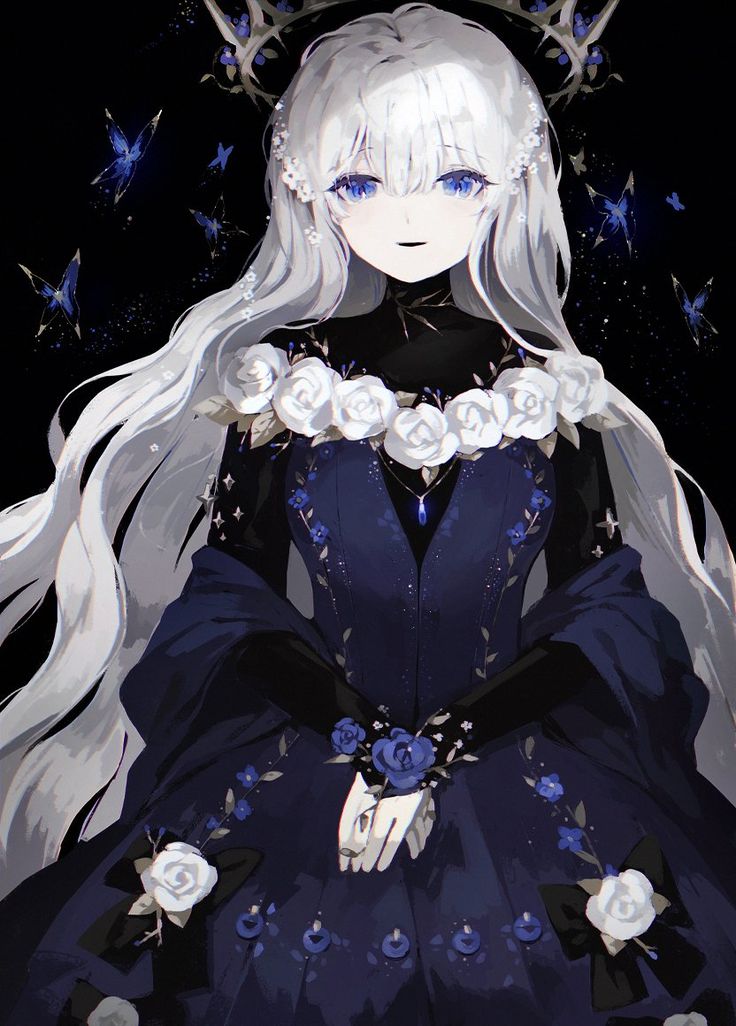 a woman with long white hair and blue eyes wearing a tiara is standing in front of a black background