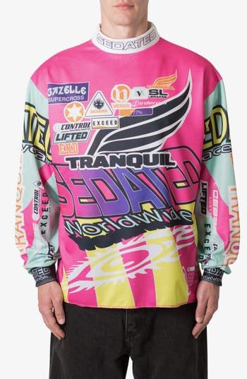 Enter the room in dynamic color with this eye-catching jersey cut from lightweight and breathable mesh. 28" length Mock neck Long sleeves 100% polyester Machine wash, line dry Imported Sporty Multicolor Graphic Print Jersey, Sporty Multicolor Crew Neck Jersey, Multicolor Crew Neck Sports Jersey, Pink Sports Jersey With Graphic Print, Sporty All Over Print Crew Neck Jersey, Graphic Print Sportswear Jersey For Streetwear, Sporty All-over Print Crew Neck Jersey, Sporty Crew Neck Jersey With All Over Print, Breathable Sportswear Jersey For Streetwear