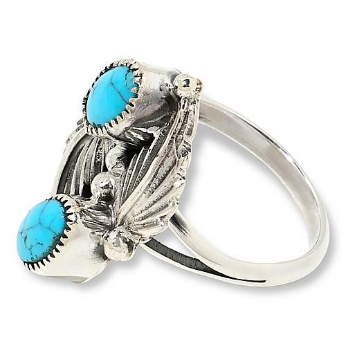 Chaco Canyon Sterling Silver Sleeping Beauty Turquoise 2-Stone Ring Beautiful, clear-blue Sleeping Beauty turquoise is the star of this intricate, multi-dimensional sterling silver ring. Handcrafted by Native American artisans, this unique piece is sure to lend a touch of chic, Southwestern style to any ensemble.       Approx.15/16"L x 9/16"W x 1/4"H; shank 1/8"W     Stamped .925; oxidized, polished finish     Sterling silver ring has two oval, blue turquoise cabochons embellished with two-dimen Turquoise Multi-stone Promise Ring Jewelry, Silver Turquoise Ring With Accent Stones In Sterling Silver, Turquoise Sterling Silver Jewelry With Accent Stones, Adjustable Turquoise Ring Fine Jewelry, Turquoise Rings With Accent Stones In Sterling Silver, Blue Three Stone Sterling Silver Jewelry, Sterling Silver Turquoise Ring With Accent Stones, Turquoise Fine Jewelry Ring, Anniversary Sterling Silver Multi-stone Turquoise Ring