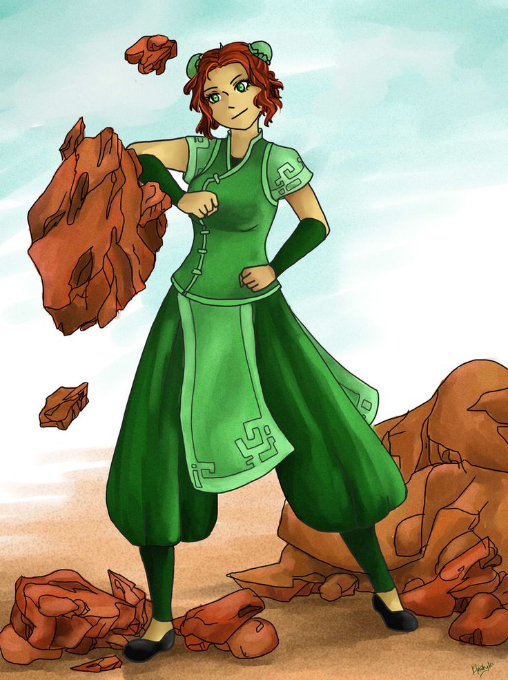 a drawing of a woman with red hair and green dress standing in front of rocks