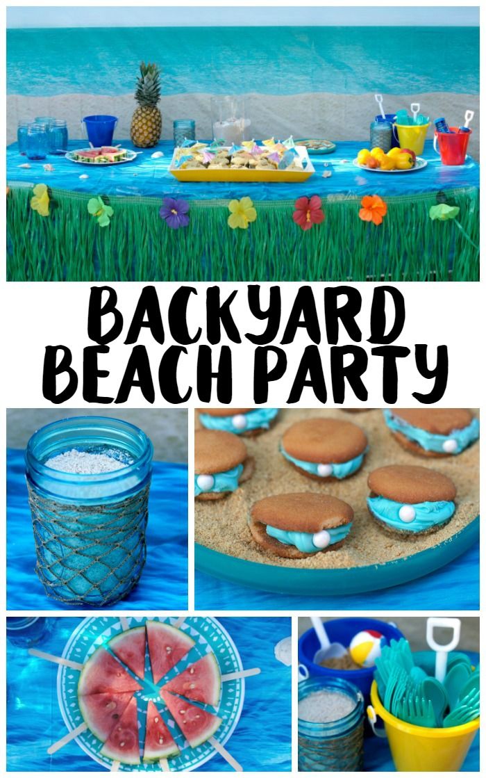 a collage of pictures with the words backyard beach party