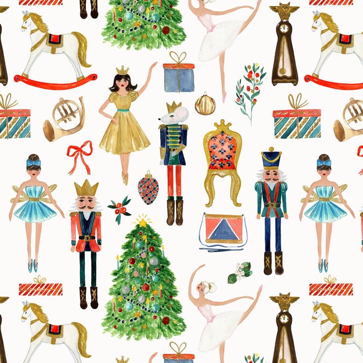 a christmas pattern with nutcrackers, trees and other holiday items on it