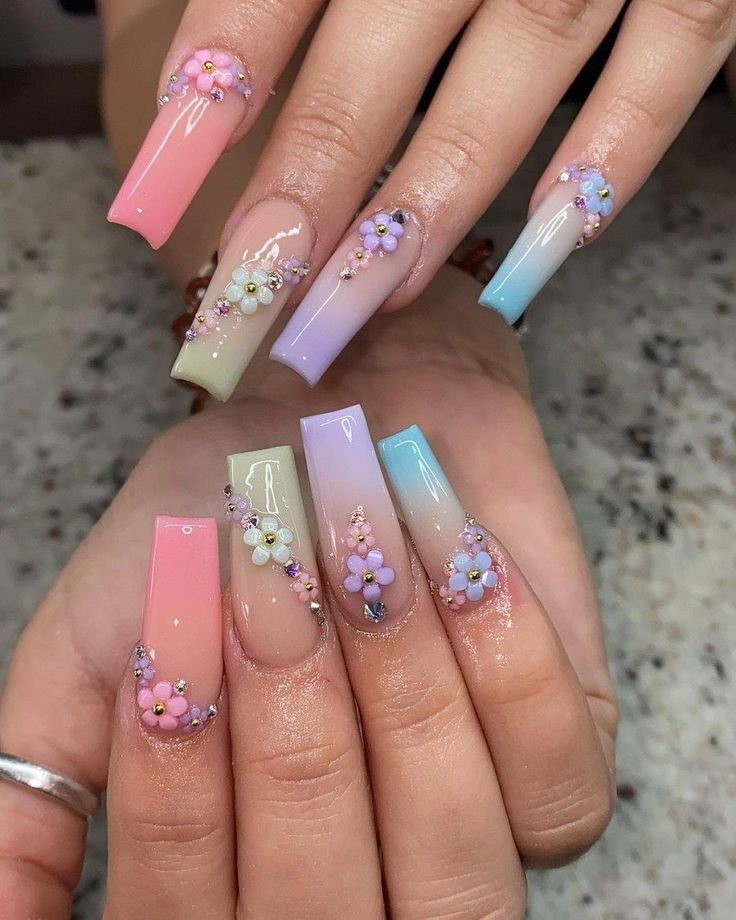 Flowr nail Acrylic nail Nail designs 2023 Nail Multi color Cute Long Spring Nails, Short Designed Acrylic Nails, Nails For Spring Coffin, Nail With Flowers Design, Short Coffin Nails Spring, Long Spring Acrylic Nails, Floral Nail Designs Spring, Short Acrylic Nails Coffin Spring, 3xl Nail Designs