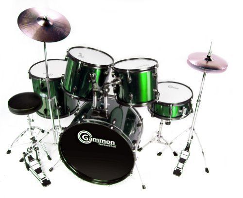 a green and black drum set on a white background