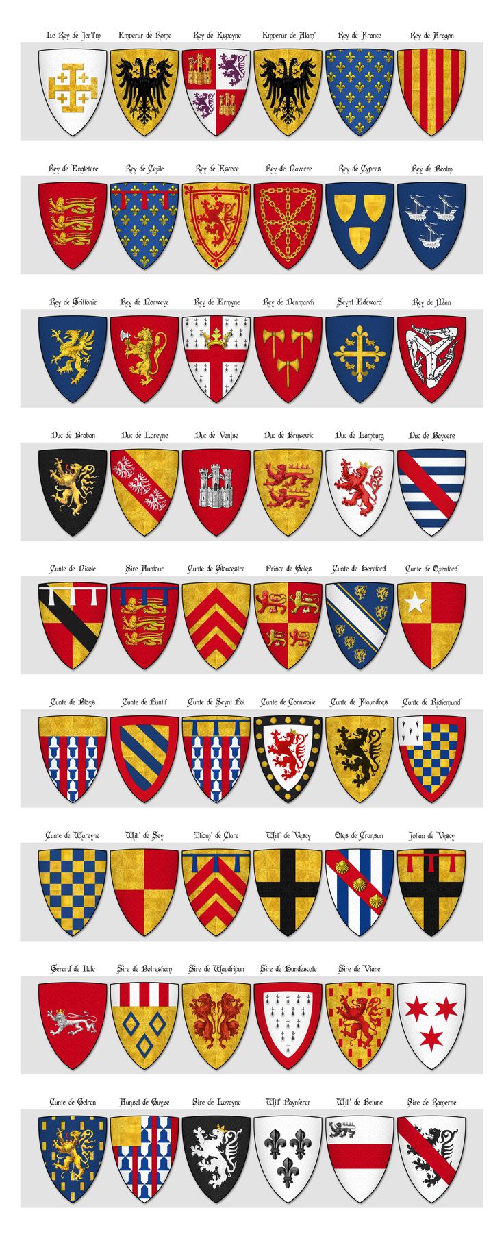 several different types of shield emblems in various colors and sizes, including red, white,