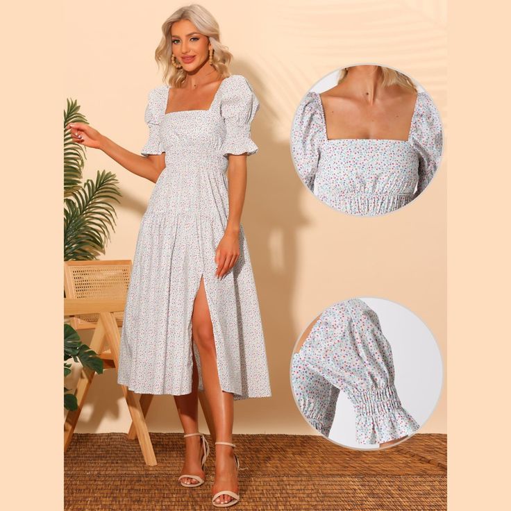 This flowing dress is sweet and feminine with a square neck and short puff sleeve design. This babydoll dress is suited for many occasions, such as summer, parties, beaches, vacations, holidays, gatherings, etc. Perfect matches with high heels for an elegant trendy look. Midi length for a stylish design shows the slim legs, and the floral print adds some highlights to the look. Flowing Dresses, Floral Squares, Smocked Dress, Babydoll Dress, Smock Dress, Slim Legs, Sleeve Designs, Square Neck, Sleeve Styles