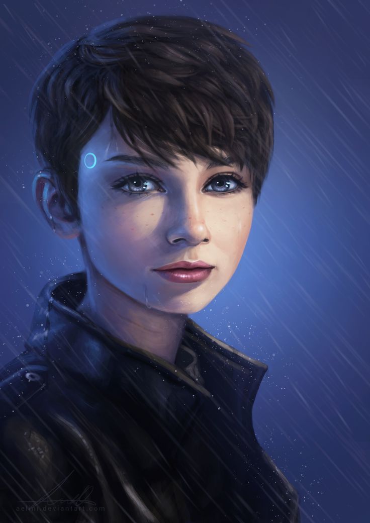 a digital painting of a woman with blue eyes and black leather jacket in the rain