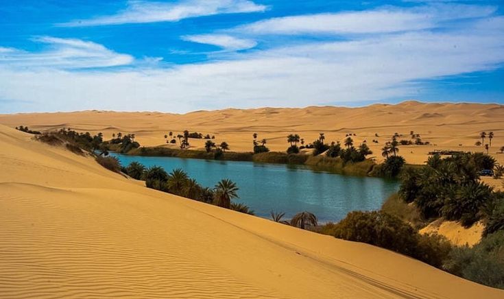 a body of water surrounded by sand dunes