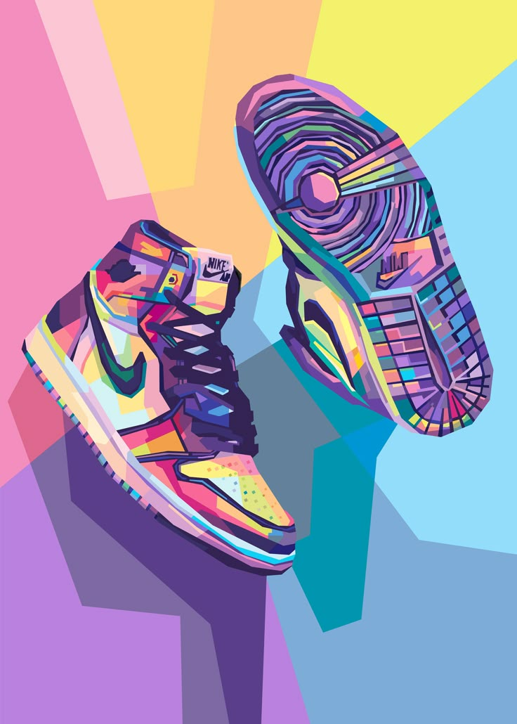 two colorful sneakers are shown against a multi - colored background with the same color scheme