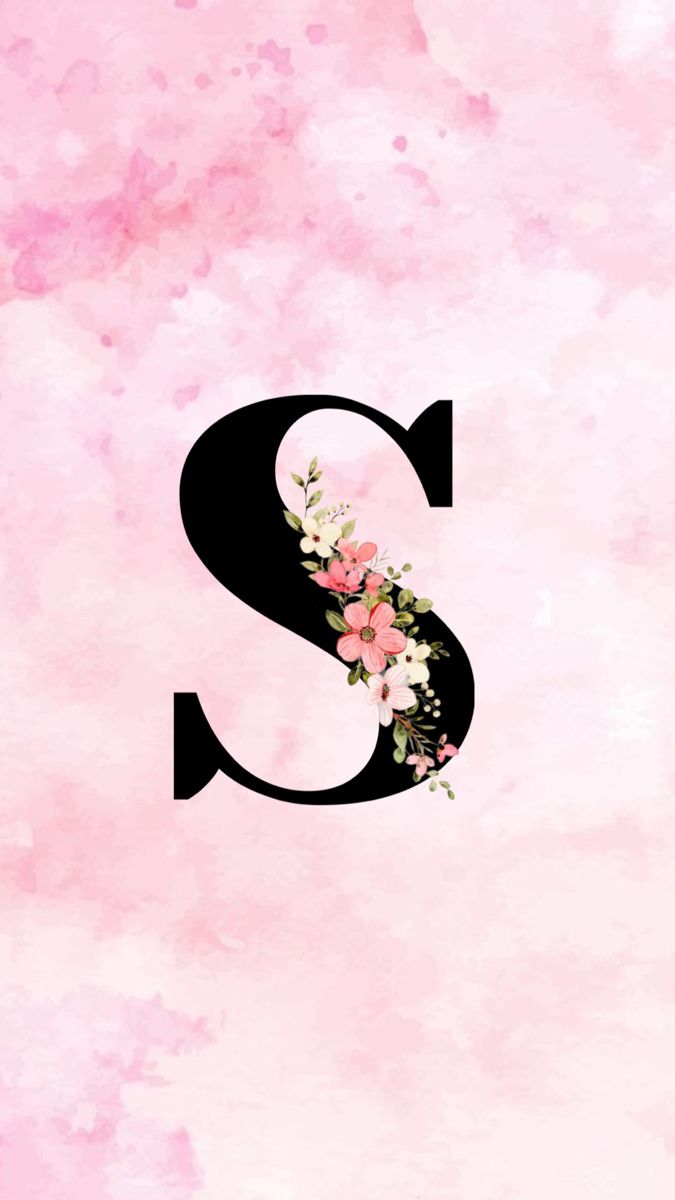 the letter s is made up of flowers and black letters on a pink watercolor background