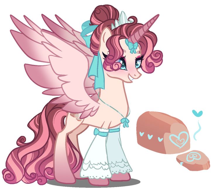 the pinkie pony is standing next to a piece of bread with hearts on it