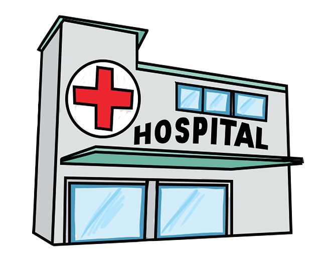 a hospital building with a red cross on it's roof and the words hospital above it