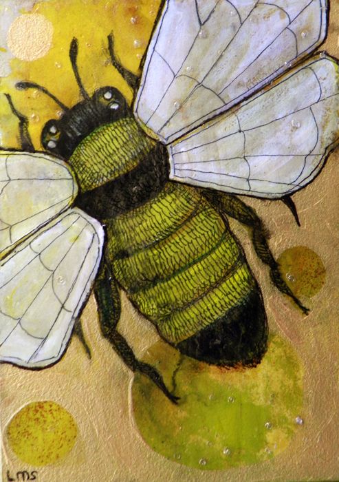 a painting of a bee on a yellow background