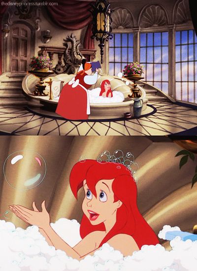 ariel from the little mermaid in her bathtub with bubbles and bubbles floating out of it