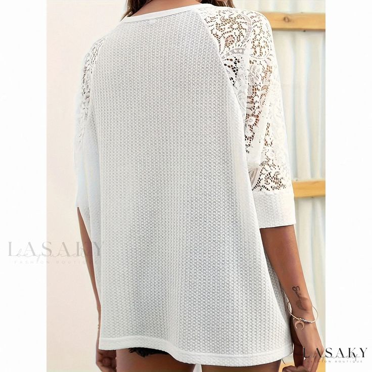 Lasaky - Lace Panel Short Sleeve Hollow Out Sexy Chic Comfortable Knit Top Sleeve Stencil, Chiffon Tank Tops, Chiffon Overlay, Pleated Shorts, Lace Panelled, Lantern Sleeves, Silk Chiffon, Lace Tops, Silk Blouse