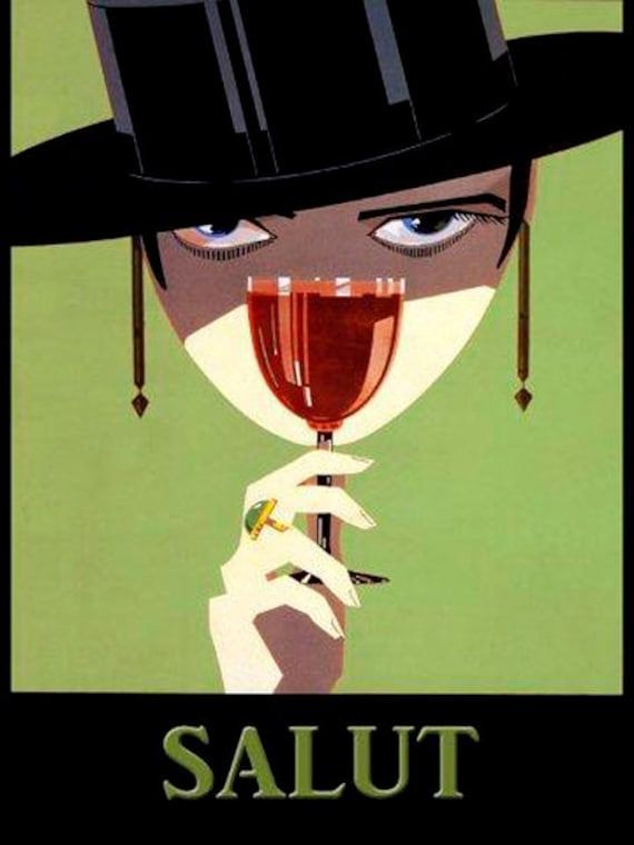 a poster with an image of a woman holding a glass of wine in her hand