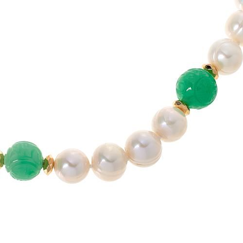 Kwan Collections Cultured Pearl, Jade and Hematite Bead 20" Necklace  Add a touch of elegant style to your neckline with this exquisite, multigemstone bead necklace. This unique piece features cultured freshwater pearls, goldtone hematite accents and green jade beads intricately-carved with dragon motifs and symbols of double happiness and longevity.        Approx. 20"L x 1/2"W with 2" extender     Stamped .925; rhodium plating     Lobster claw clasp     Necklace has white pearls with carved gre Elegant Green Beaded Necklaces With Polished Beads, Elegant Jade Round Beads Jewelry, Elegant Jade Jewelry With Round Beads, Elegant Jade Beaded Jewelry, Elegant Green Beaded Necklace With Round Beads, Elegant Green Pearl Necklace With Natural Stones, Elegant Rondelle Emerald Necklace With Natural Stones, Elegant Jade Necklaces With Round Beads, Elegant Necklace With Round Natural Stone Beads