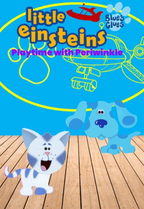 an animated cat and dog on a wooden floor in front of a blue background with the words little einsteins