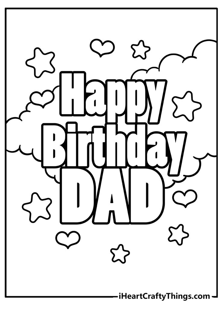 happy birthday dad coloring page with stars and clouds