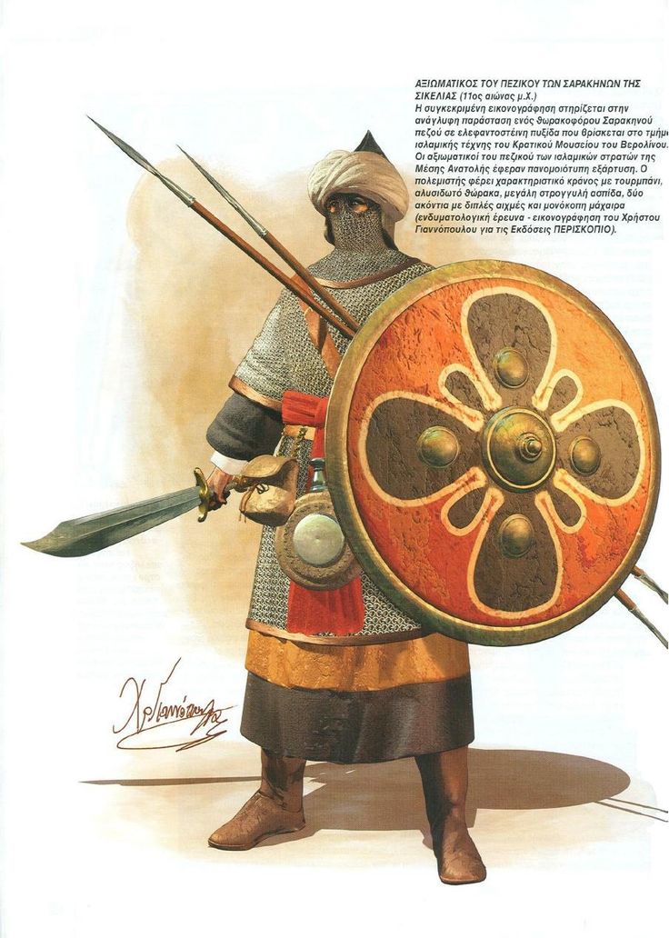 an image of a man in armor holding a shield and two spears with both hands