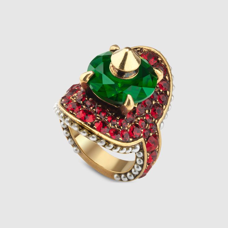 Gucci Ring with stud and crystals Detail 2 Gucci Fine Jewelry, Classic Gucci Ring Jewelry, Luxury Pierced Gucci Jewelry, Luxury Statement Gucci Jewelry, Elegant Gucci Metal Jewelry, Gucci Flip Flops, Gucci Ring, Gucci Runway, Gucci Women